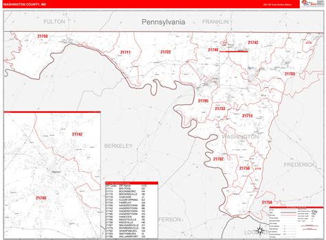 Washington County Md Zip Code Wall Map Red Line Style By Marketmaps