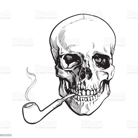 Hand Drawn Human Skull Smoking Lacquered Wooden Pipe Stock