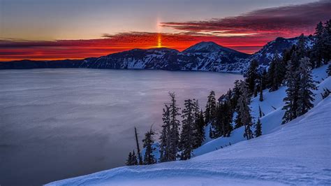 Mountains Crater Lake Dawn Snow Winter Sunrise