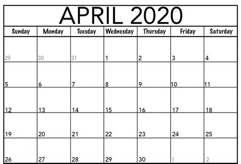Free Printable April 2020 Calendar Template Pdf Word Excel