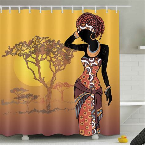 African Woman Shower Curtain Sunset Tree Black Girl Bathroom Modern