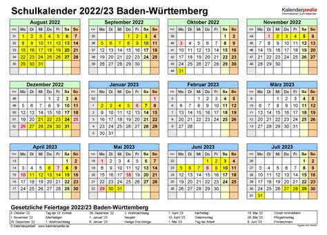 Schulkalender 20222023 Baden Württemberg Für Excel