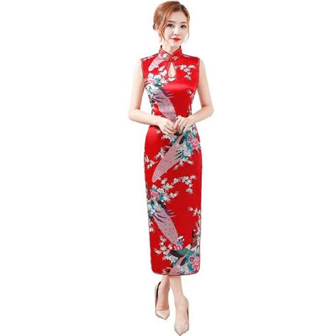 Red Print Flower Sleeveless Chinese Dress Rayon Long Qipao Sexy