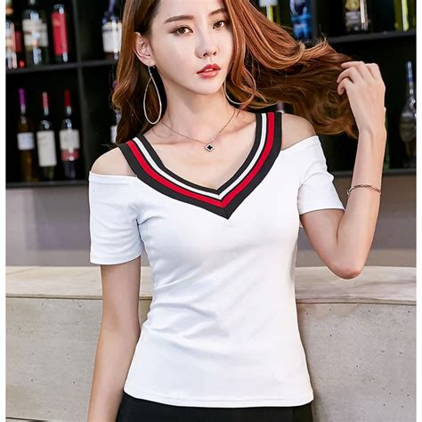 Sexy V Neck T Shirt Women 2019 Summer Korean Fashion T Shirt Female Strapless Patchwork White