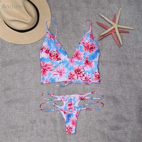 Women Swimsuits Padded Back Cross Bandage Floral Printed Beachwear Low Waist Bikini Set Sexy