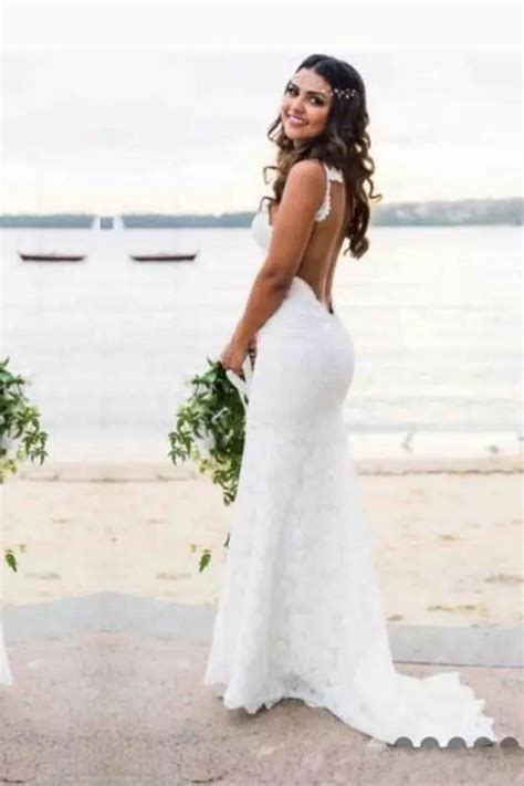 Sexy Lace Mermaid Spaghetti Straps V Neck Backless Beach Wedding Dresses Uk Pw236 On Sale