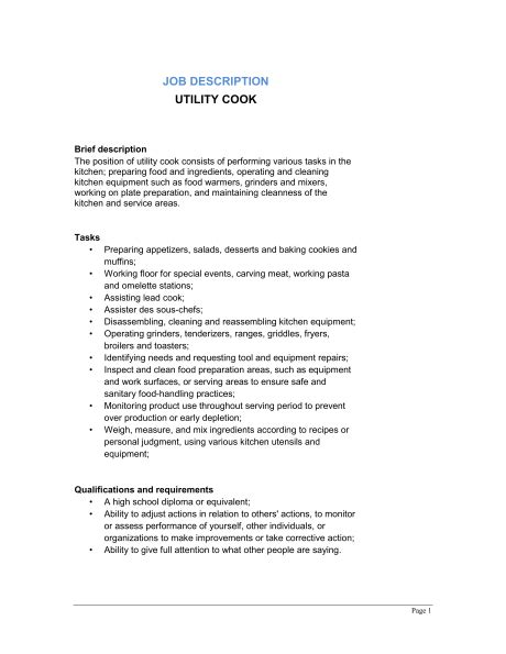 Utility Cook Job Description Executive Sous Chef Job