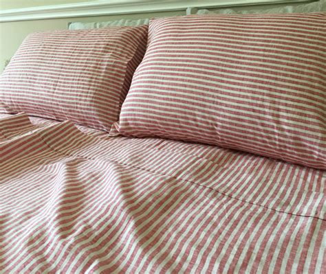 Red Ticking Stripe Sheets Set 100 Linen Handcrafted By Superior