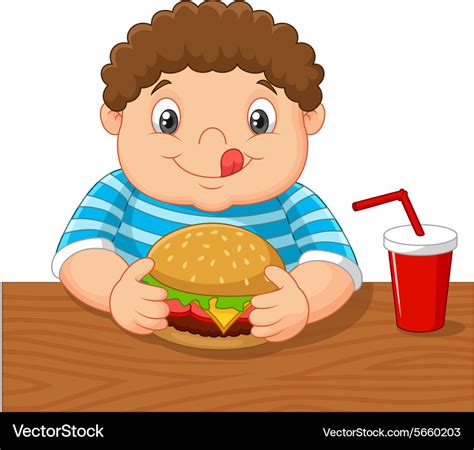 Fat Boy Smiling And Ready To Eat A Big Hamburger Vector Image
