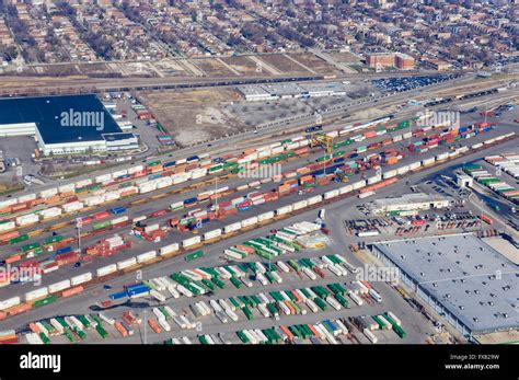 Aerial View Of Chicago Rail Terminal With Containers And Trucks Being