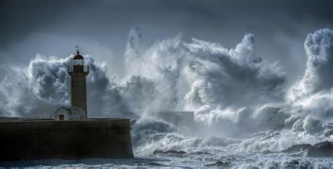 Crashing Big Waves In Front Of Lighthouse Illustration Photography