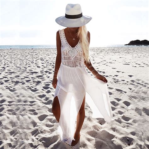 White Bohemian Beach Dress Knitted Hollow Out Perspective Summer Maxi V