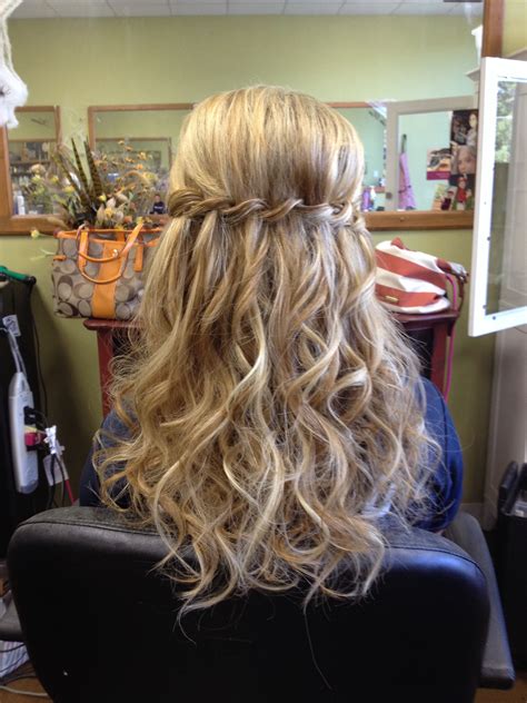 Waterfall Braid With Extensions Curls Half Up Bridal Party Wedding