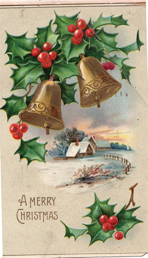 Vintage Merry Christmas Postcard Embossed Bells Holly And Etsy