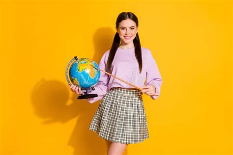Portrait Positive Brown Hair Tails Girl Geography Teacher Hold Globe