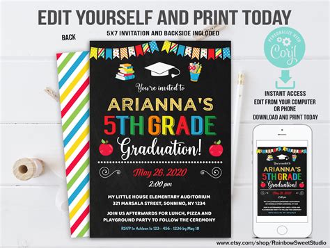 Editable 5th Grade Graduation Invitation Fifth Grade Etsy