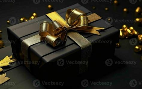 Black Gift Boxes With Gold Ribbon On Black Studio Background