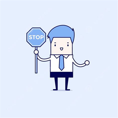 Serious Businessman Holding Stop Sign In Thin Line Cartoon Style Vector