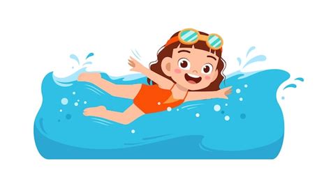 Linda Niña Niño Nadar Bajo El Agua En Vacaciones De Verano Vector Premium