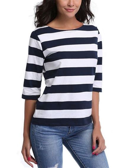 Womens Round Neck 34 Sleeves Striped Casual Tee T Shirt Dark Blue Large Stripe Ch1867rws6e