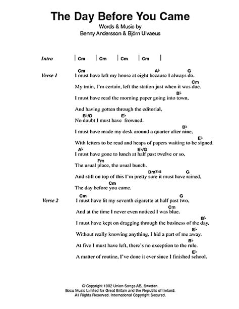 The Day Before You Came Sheet Music By Abba Lyrics Chords