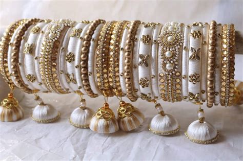 White And Golden Silk Thread Pearl Bangles Set Indian Etsy
