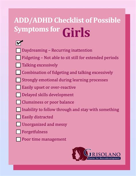 Addadhd Checklist Of Possible Symptoms For Girls Addadhd