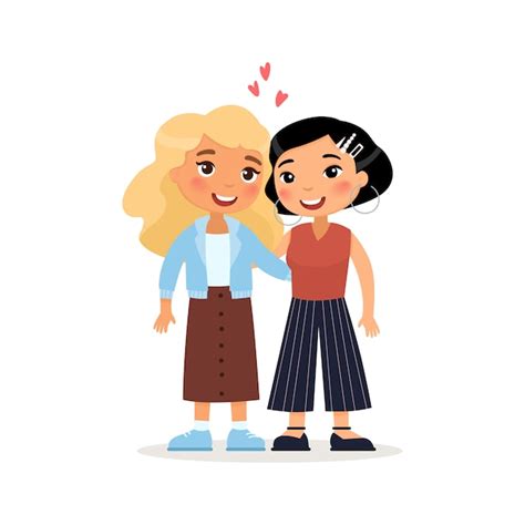 dos jóvenes mujeres o pareja de lesbianas abrazando amigos internacionales personaje de dibujos