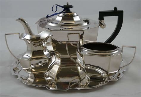 Three Piece Tea Set On Tray In Antique Silver Kitchenware