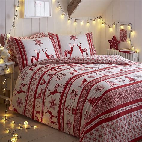 Nordic Christmas Reindeer Red White 100 Brushed Double Duvet Cover