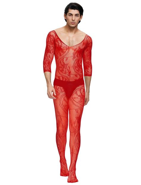 Fishnet Lace Crotchless Floral Red Bodystockings For Men