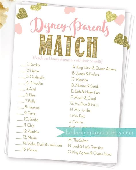 Disney Parents Match Printable Baby Shower Game Guess The Etsy In