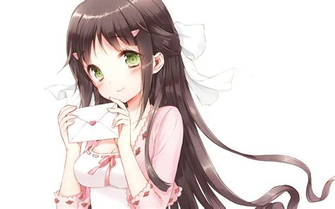 Long Hair Green Eyes Blush Anime Girls Letter White