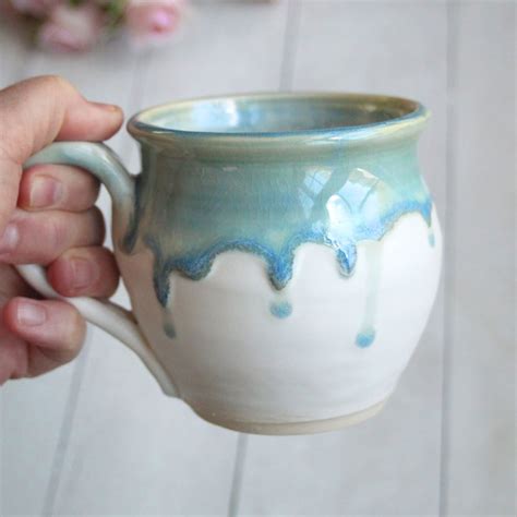 Andover Pottery — Dripping Blue And White Glazed Mug 14 Oz Handcrafted Stoneware Pottery