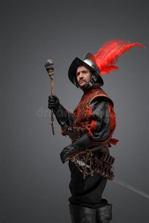 Medieval Conquistador Dressed In Stylish Clothes Holding Torch Stock