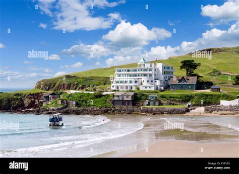 Burgh Island Hotel With Sea Tractor Used To Cross At High Tide In Stock