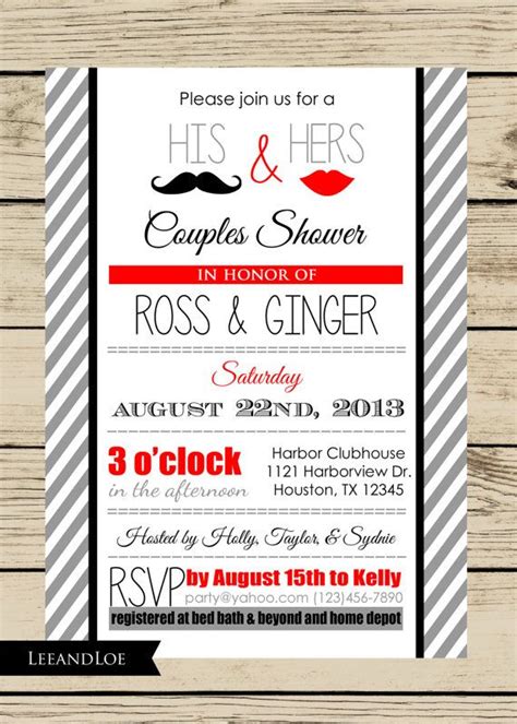 his and hers couples or coed wedding shower invitation modern red gray mustache lips bridal