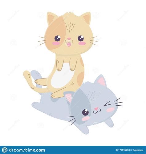 Cute Funny Little Cats Kawaii Cartoon Character Stock Vector