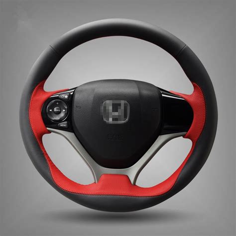 Hand Stitched Black Red Leather Steering Wheel Cover For Honda Civic