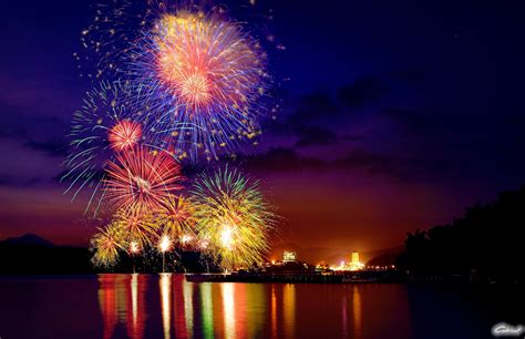 Fireworks City Lights Night Lake Wallpapers Hd