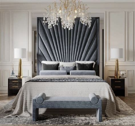Stunning Glam Bedroom Decor With Extra Tall Headboard Bed In Charcoal