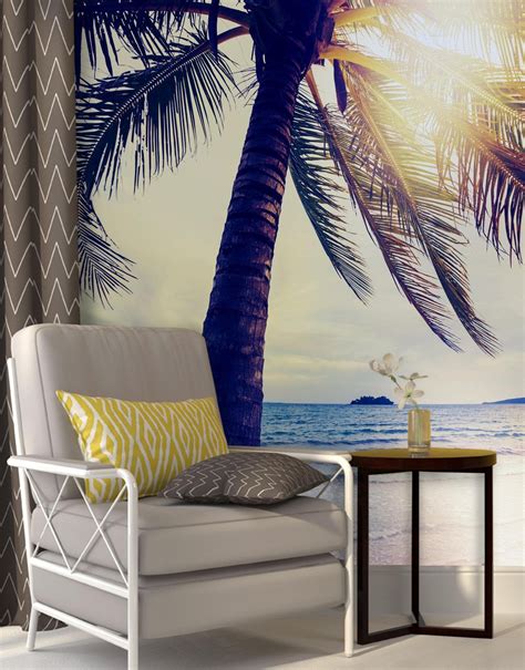 Beach Palm Tree Coastline Sunset Wall Mural By Stickerbrand