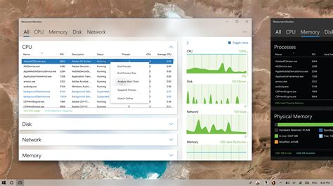 Концепт показывает Монитор ресурсов Windows 10 с элементами Fluent