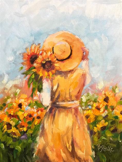 Original Oil Paintingwoman In Field Of Sunflowers11x14 Etsy