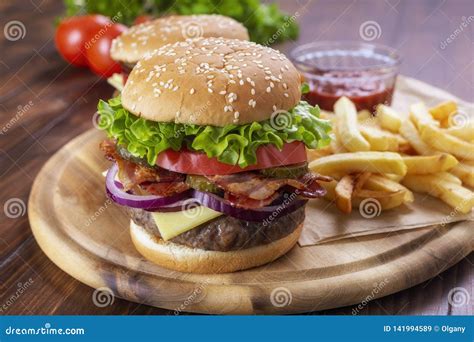 Delicious Large Hamburger With Fries And Ketchup Stock Image Image Of