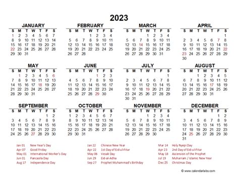 2023 Year At A Glance Calendar With Indonesia Holidays Free Printable