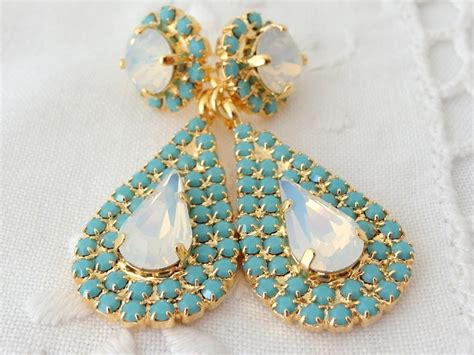 White Opal And Turquoise Chandelier Earrings Bridal Earrings Etsy