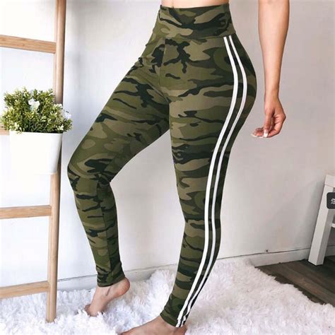 2018 women camo print skinny yoga pants plus size white striped camouflage sport trousers high