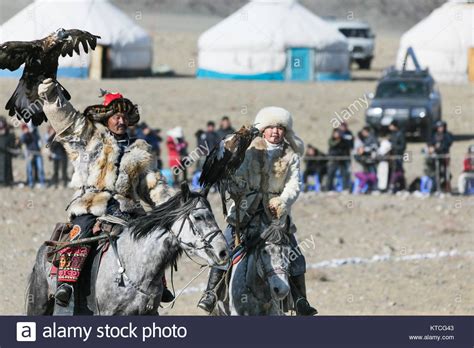 Aisholpan And Her Father From The Eagle Huntress At The Golden Eagle Festival In Mongolia Stock