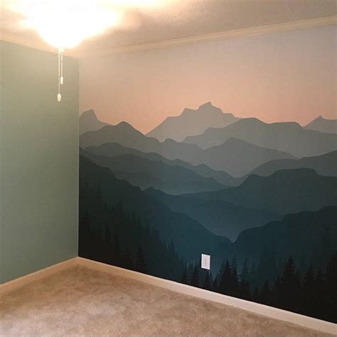 Mountain Mural Blue Ombré Mountain Wallpaper Forest Tree Etsy